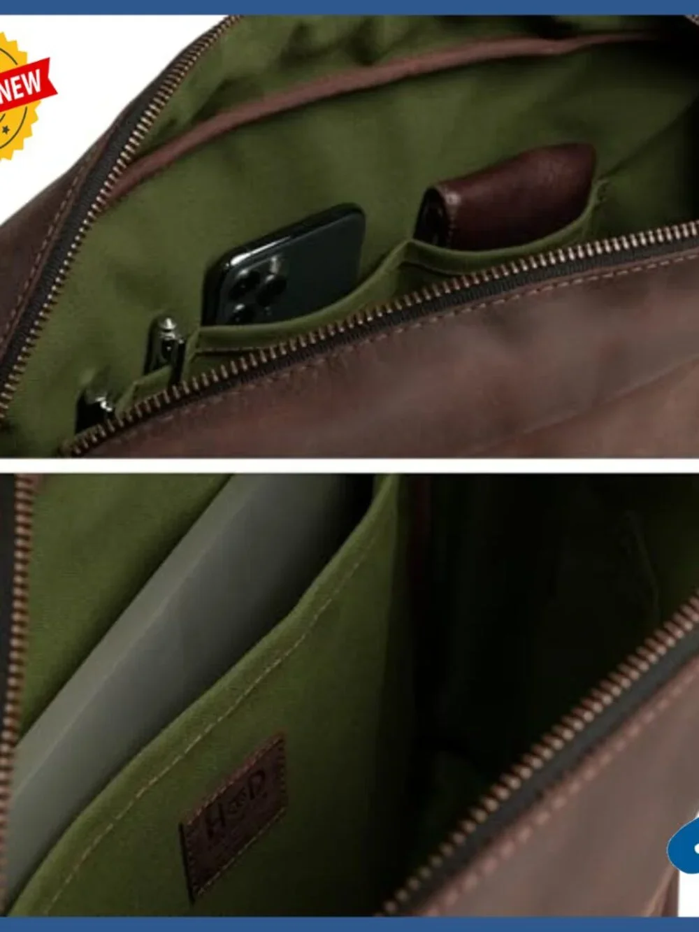 Full Grain Leather Laptop Briefcase with Shoulder Strap for Work